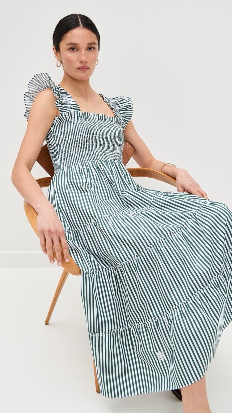 Hill House Elle Nap Dress Green White Stripe Midi XS